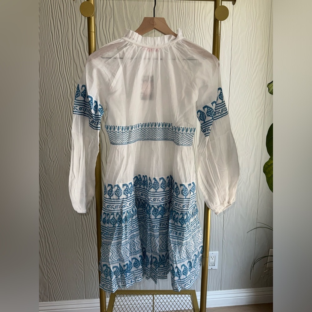 New OLIPHANT Balloon Long Sleeve Short Dress Santorini Blue & White Floral Print - Picture 3 of 10